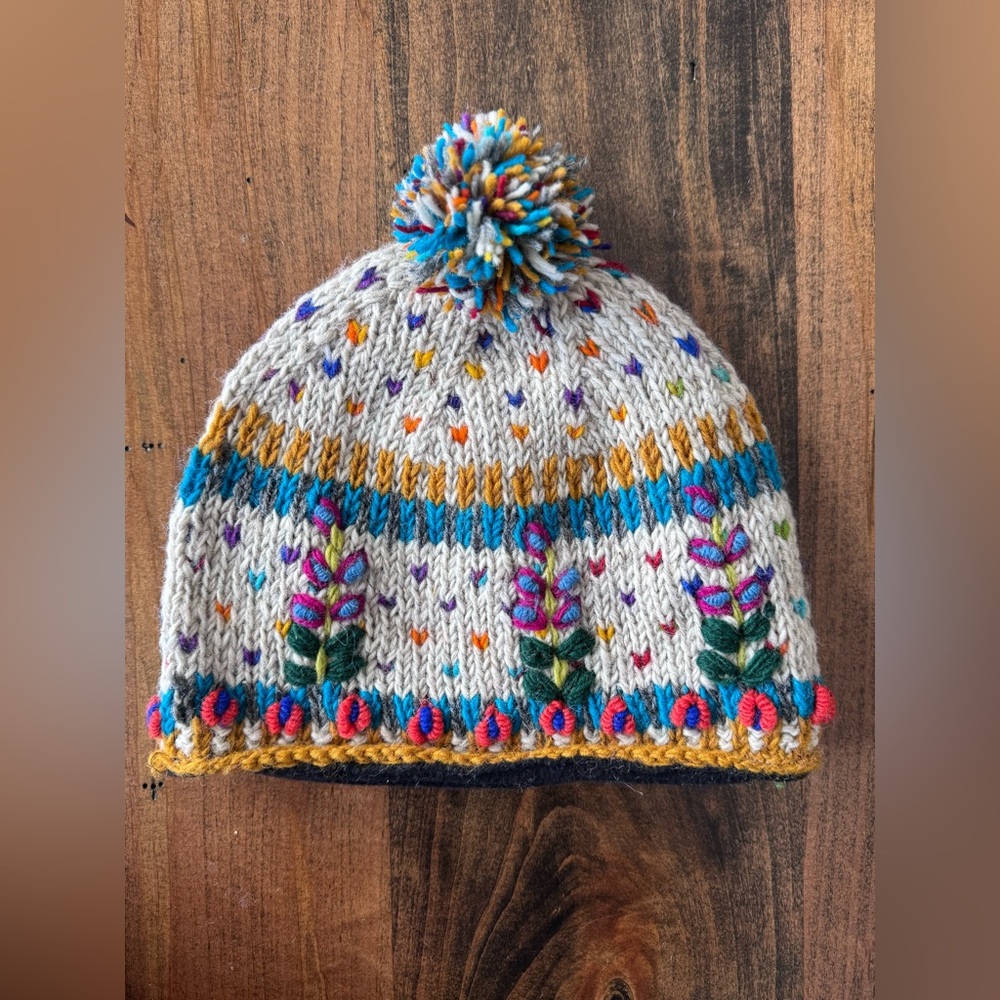 Handmade in Nepal Floral Embroidery Beanie 100% Wool with Soft Liner